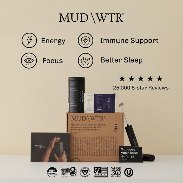 A clean, minimalist product arrangement showcasing the coffee blend package, mixer, and key lifestyle benefits.